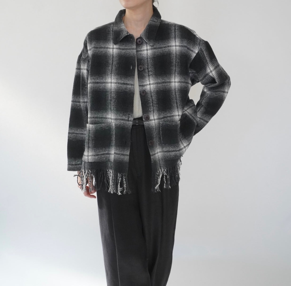90s Shadow Plaid Fringe Shirt,Jacket Made in USA