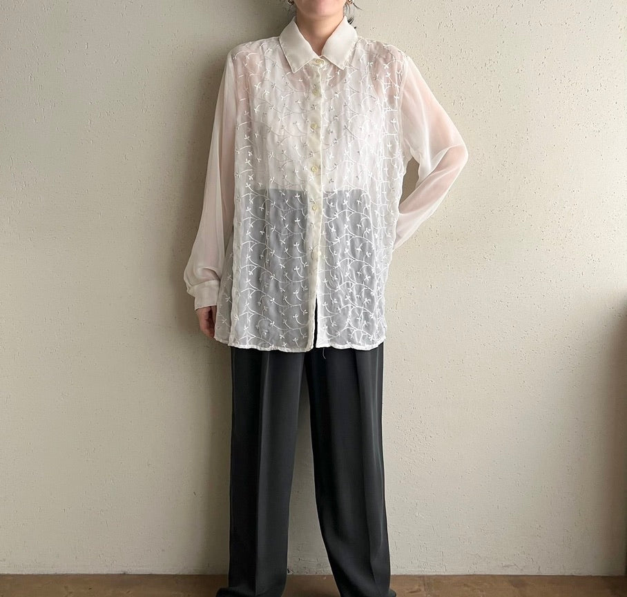 90s Sheer Embroidery Shirt  Made in USA