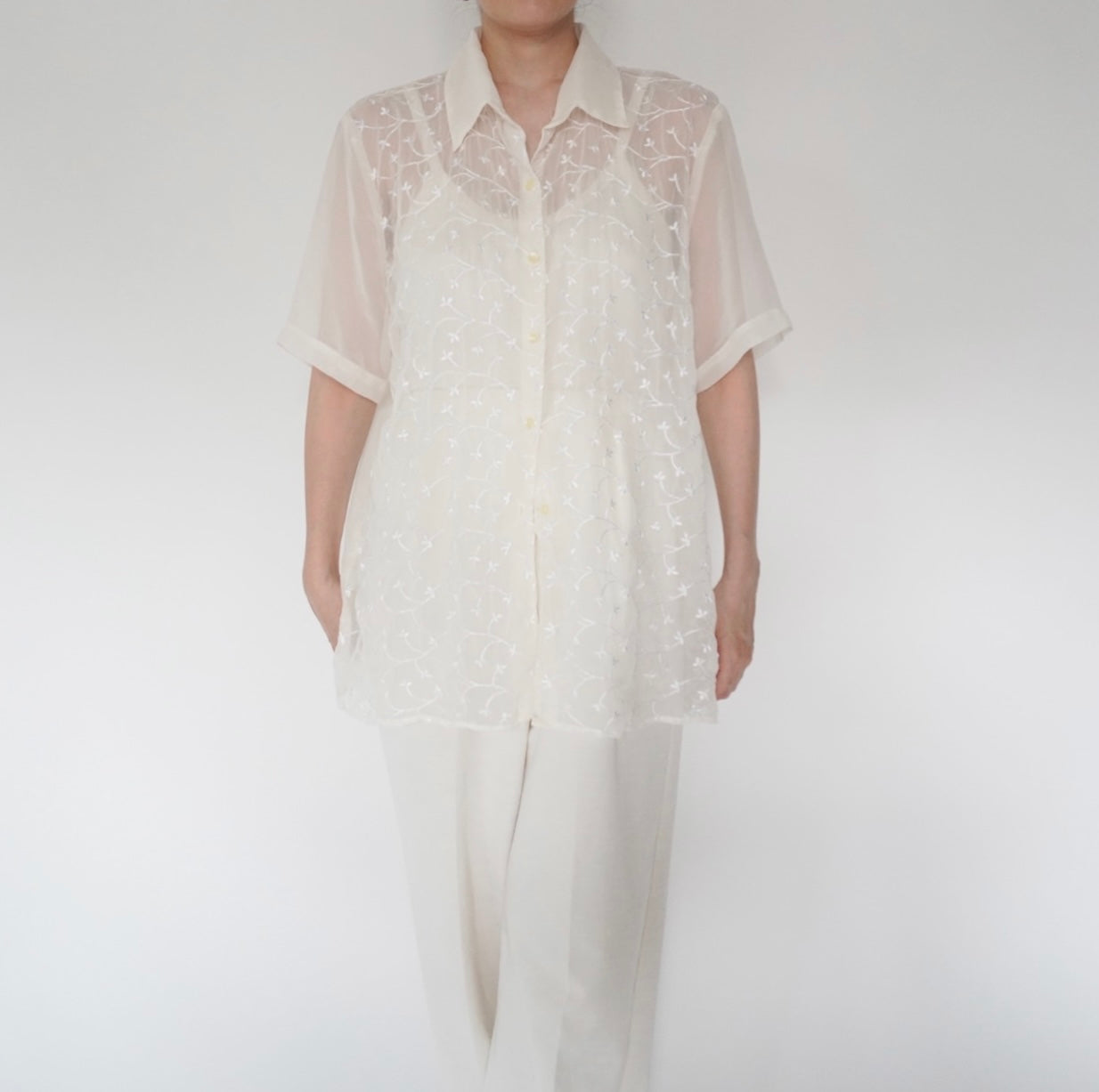 90s Embroidery Sheer Shirt Made in USA