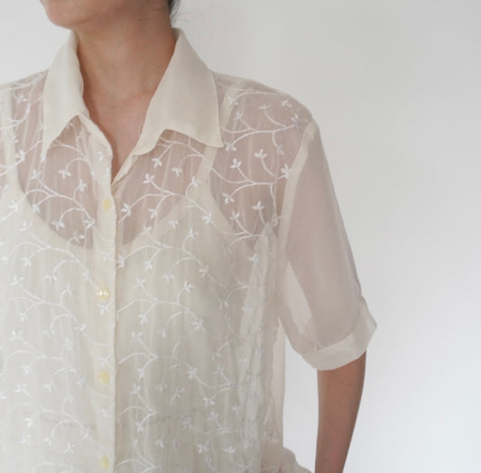 90s Embroidery Sheer Shirt Made in USA
