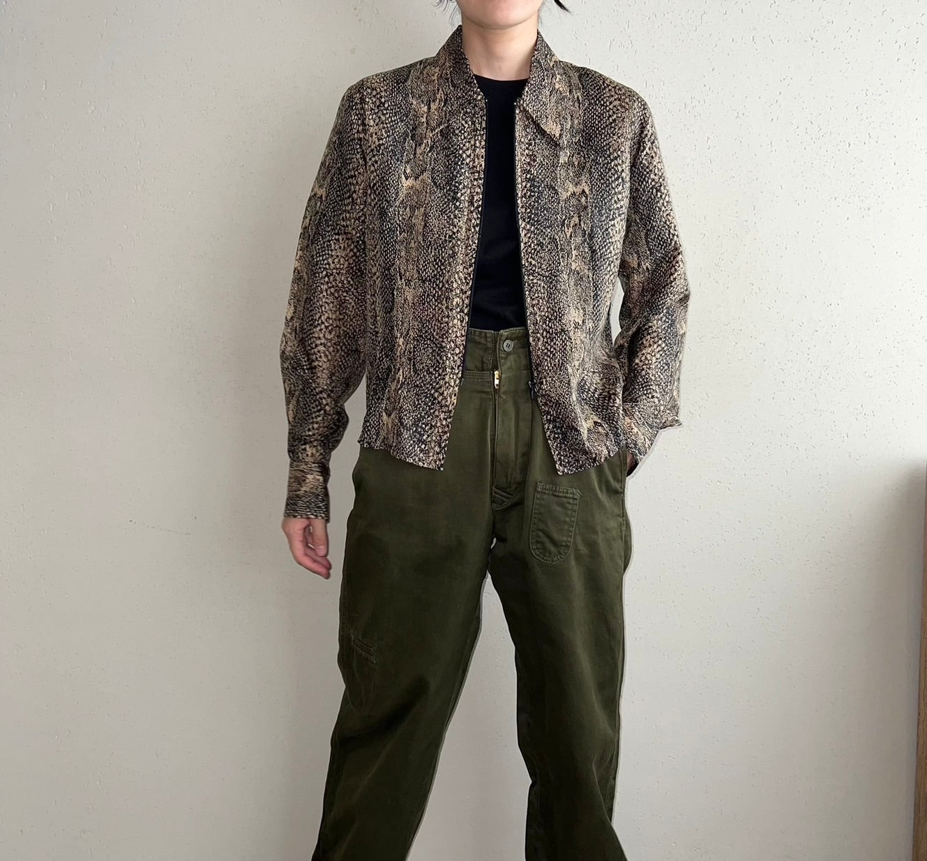 90s  Python Pattern Zipped Silk Shirt