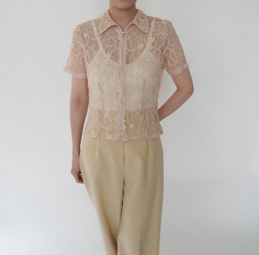 90s Lace Design Zipped Shirt Made in USA