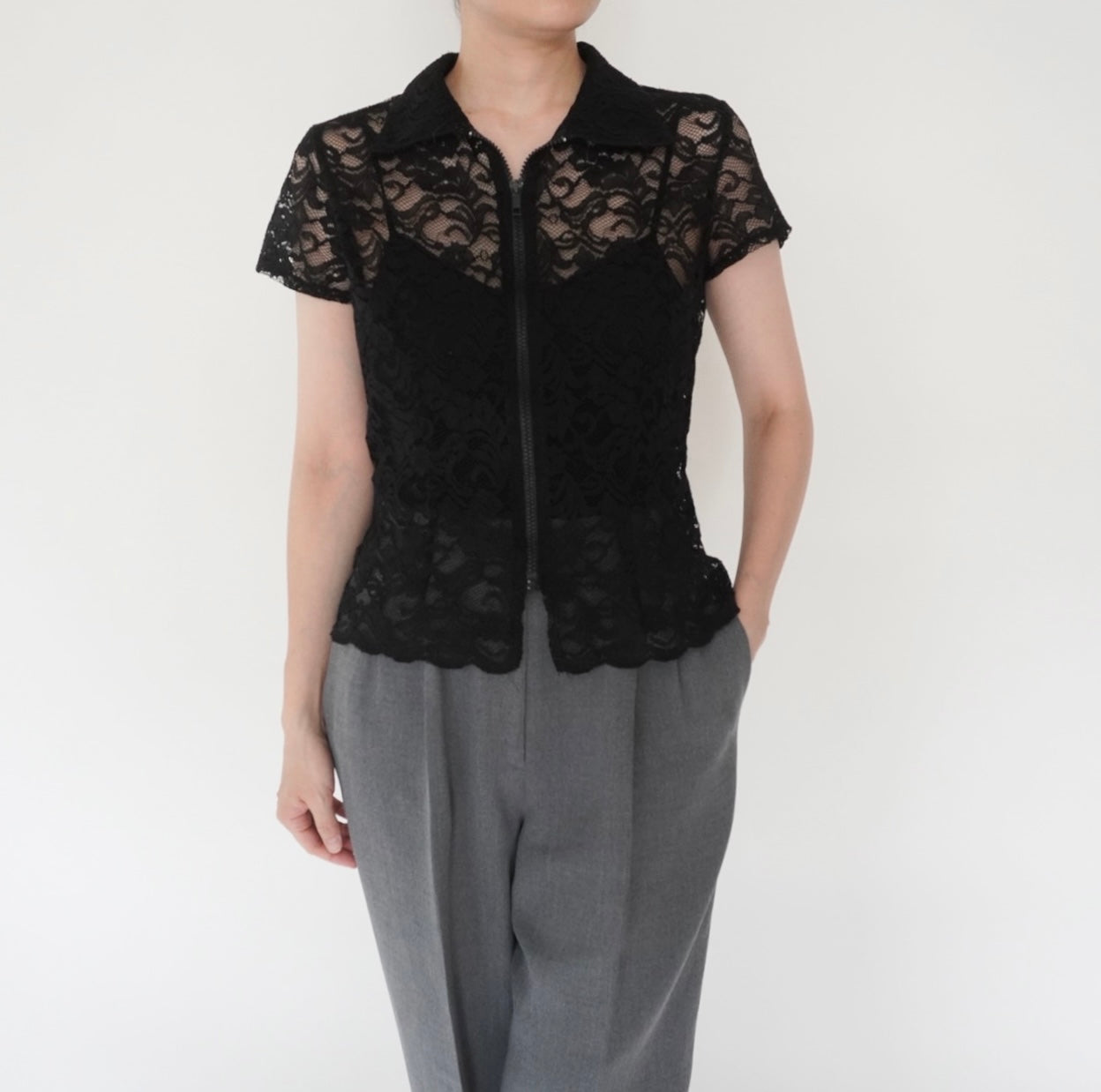 90s Lace Design Zipped Shirt Made in USA