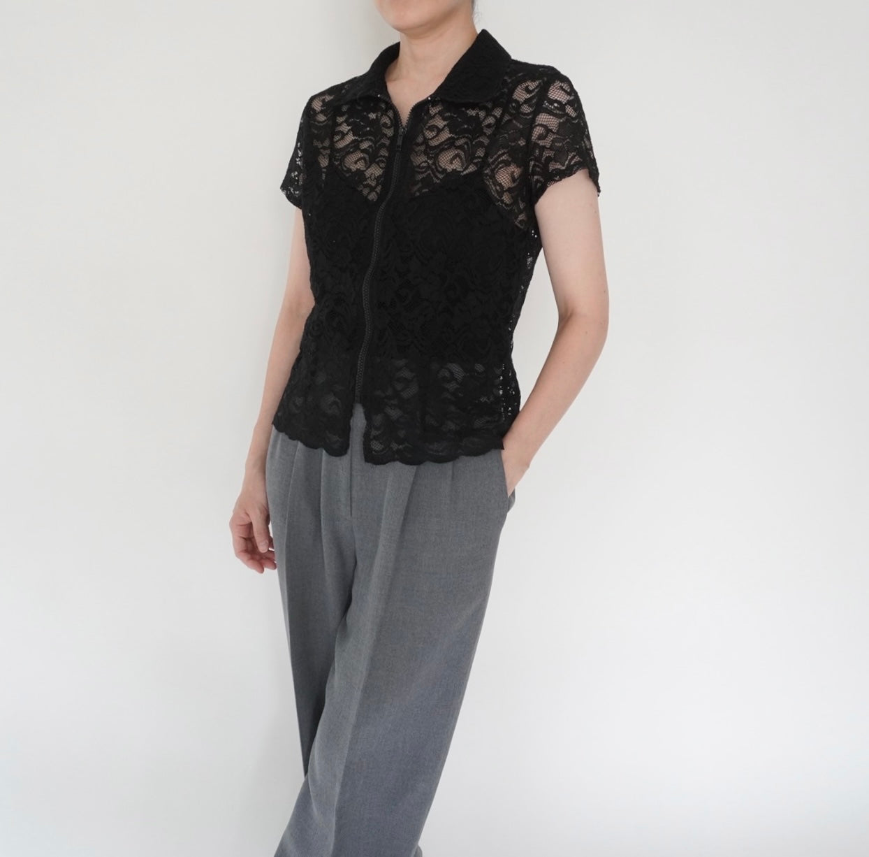 90s Lace Design Zipped Shirt Made in USA