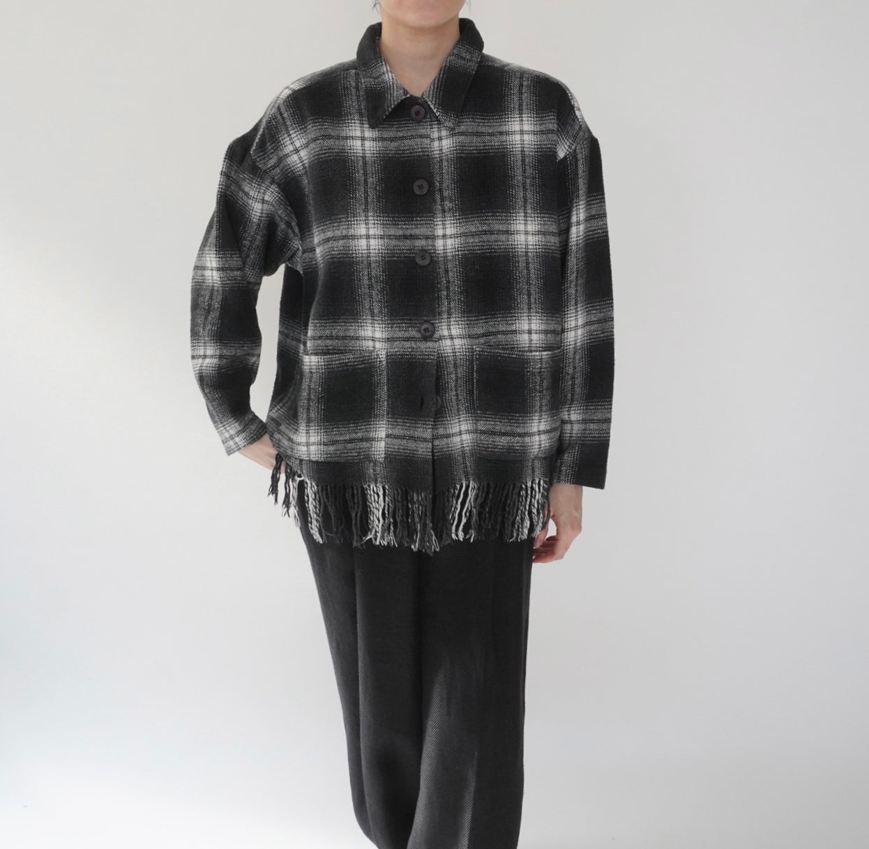 90s Shadow Plaid Fringe Shirt,Jacket Made in USA
