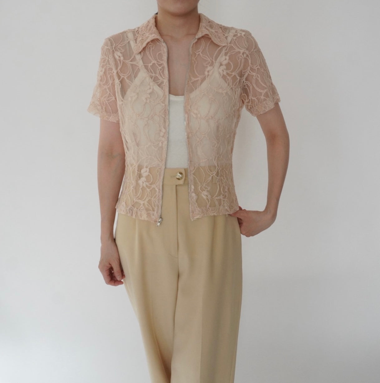 90s Lace Design Zipped Shirt Made in USA