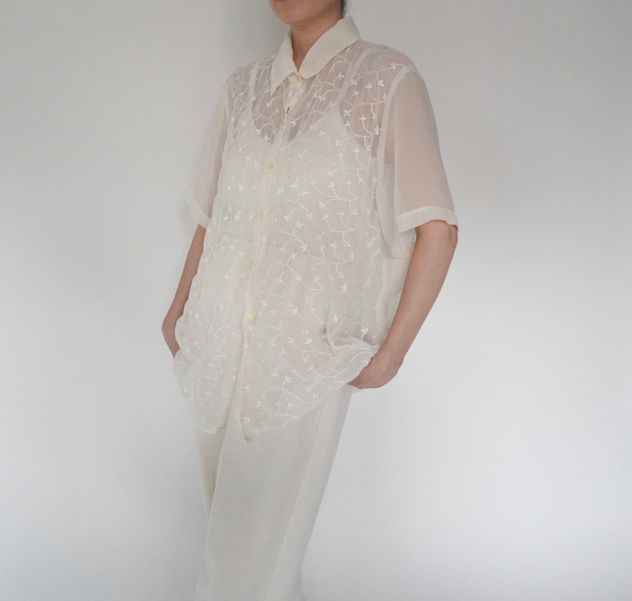 90s Embroidery Sheer Shirt Made in USA