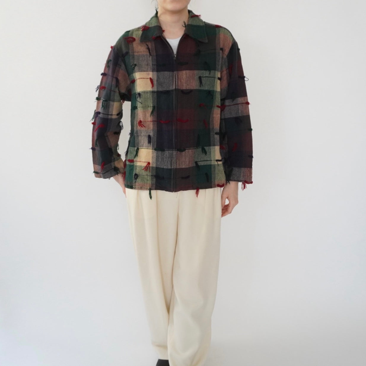 90s Plaid Fringe Light Jacket