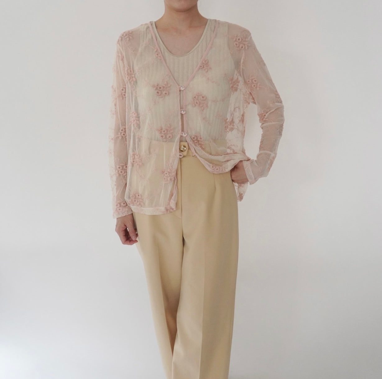 80s Embroidery Sheer Blouse Made in USA