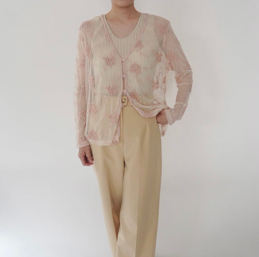 80s Embroidery Sheer Blouse Made in USA