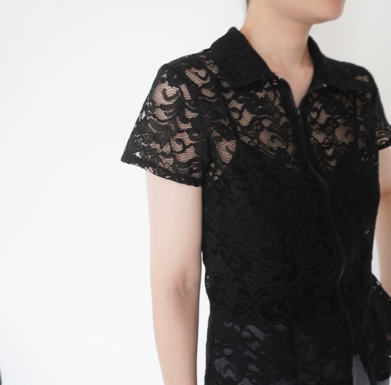 90s Lace Design Zipped Shirt Made in USA