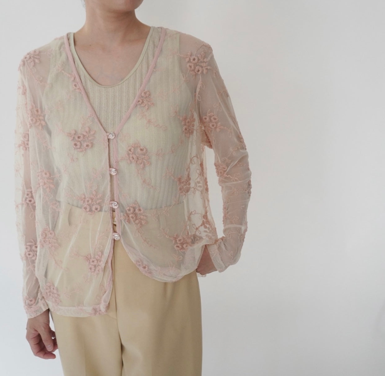 80s Embroidery Sheer Blouse Made in USA