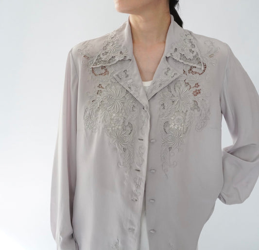 70s Hand Embroidery Silk Shirt Dead Stock