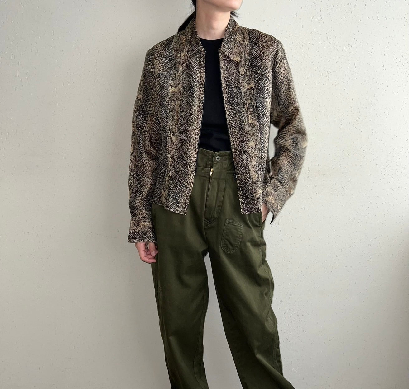 90s  Python Pattern Zipped Silk Shirt