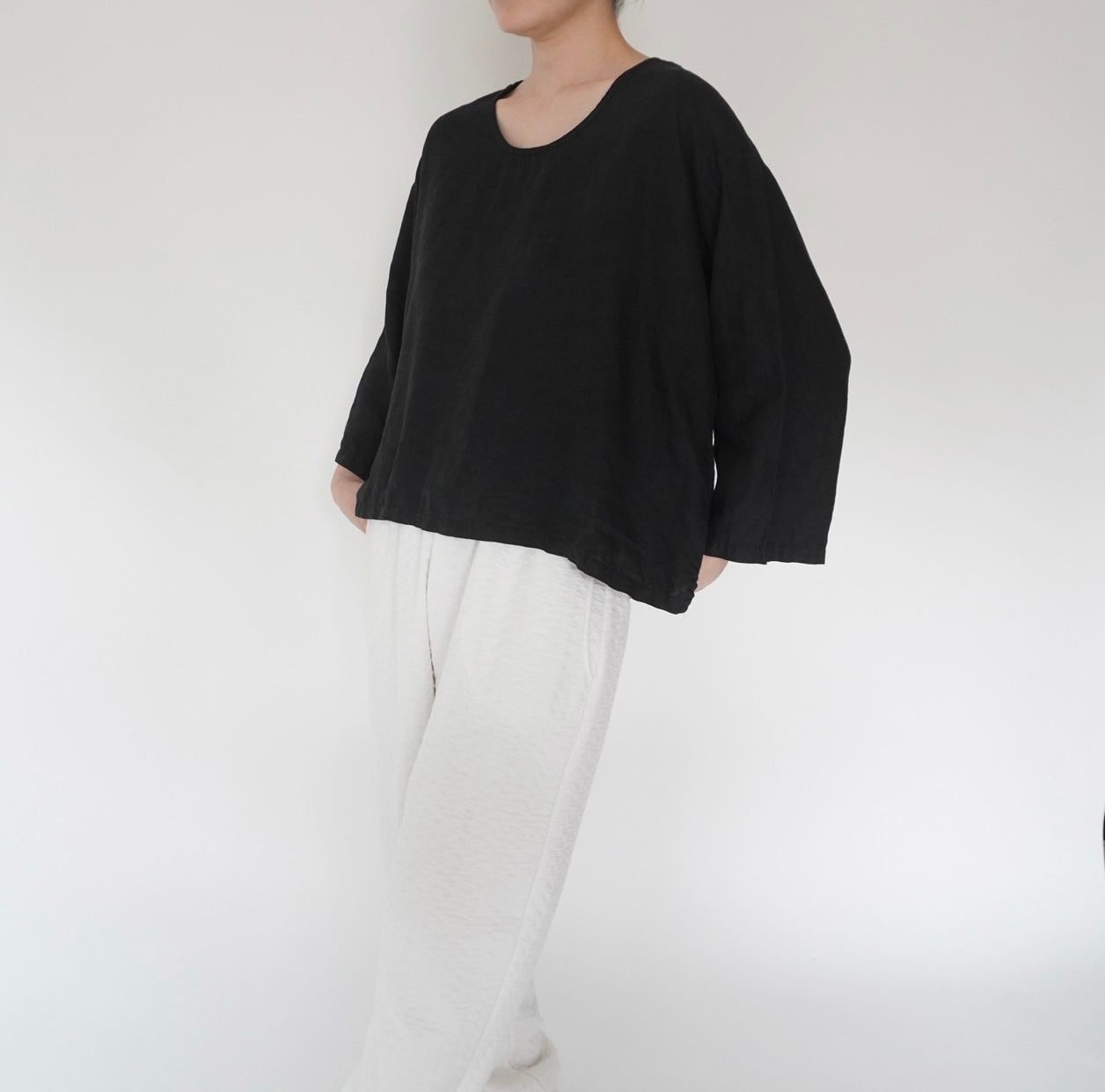 90s Black Linen Boxy Blouse