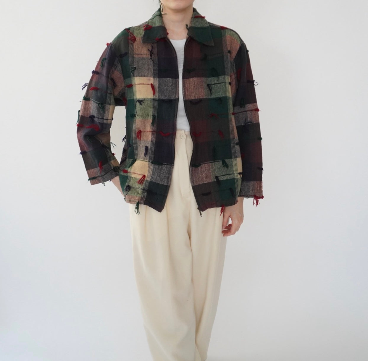 90s Plaid Fringe Light Jacket