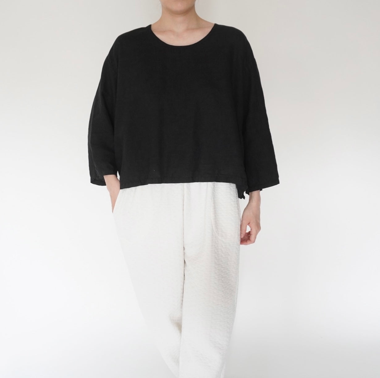 90s Black Linen Boxy Blouse