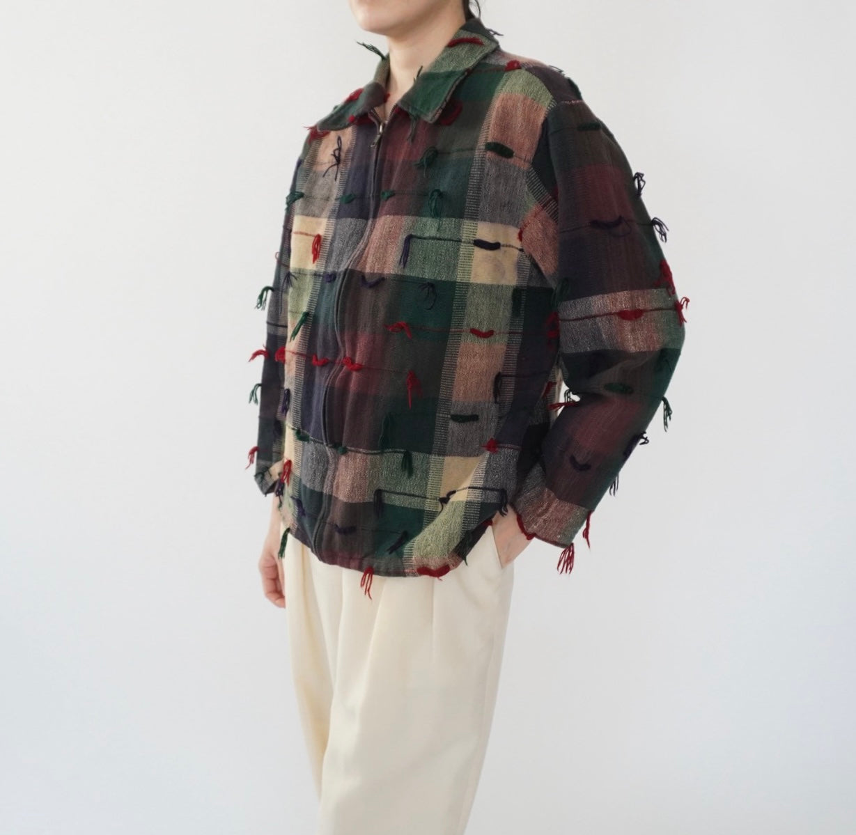 90s Plaid Fringe Light Jacket