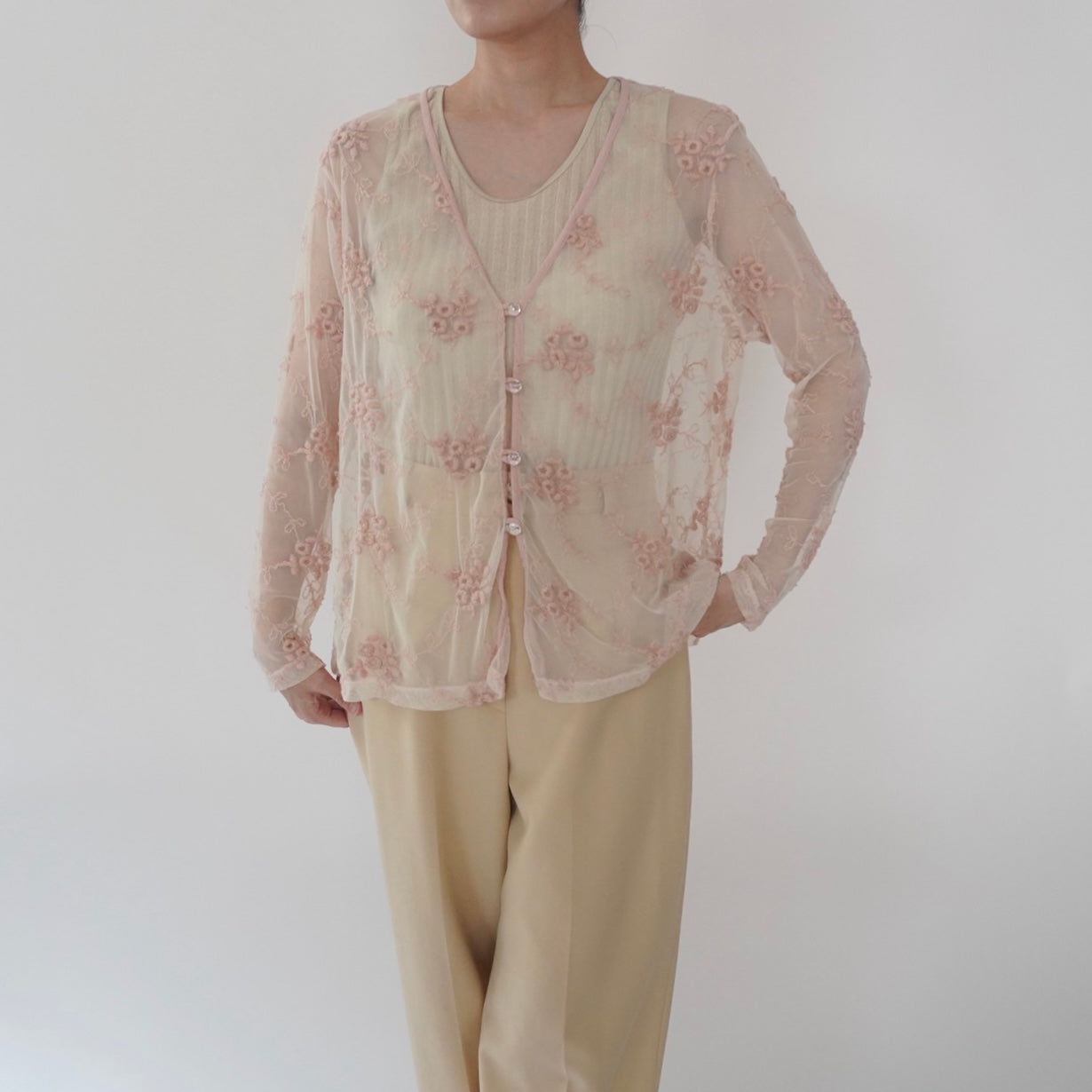 80s Embroidery Sheer Blouse Made in USA