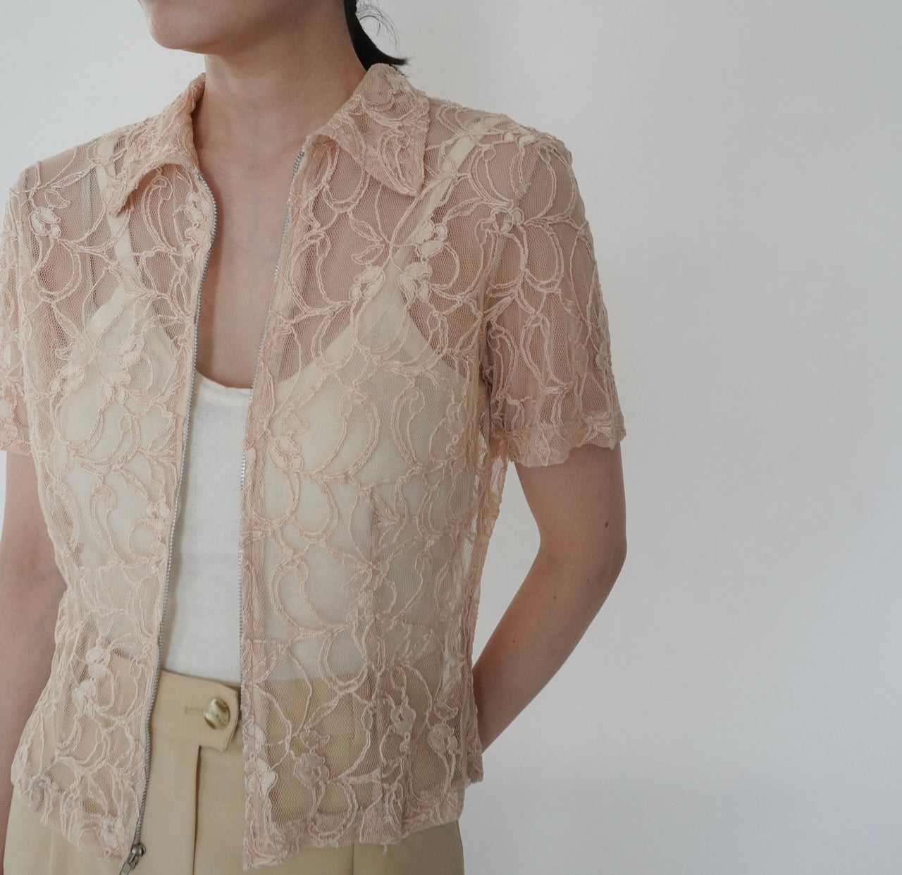 90s Lace Design Zipped Shirt Made in USA