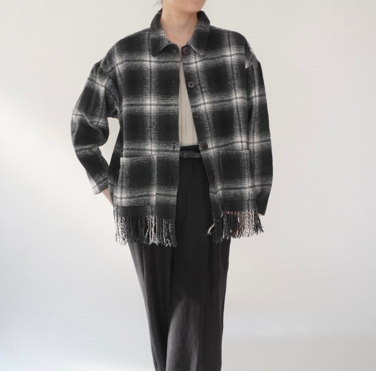 90s Shadow Plaid Fringe Shirt,Jacket Made in USA