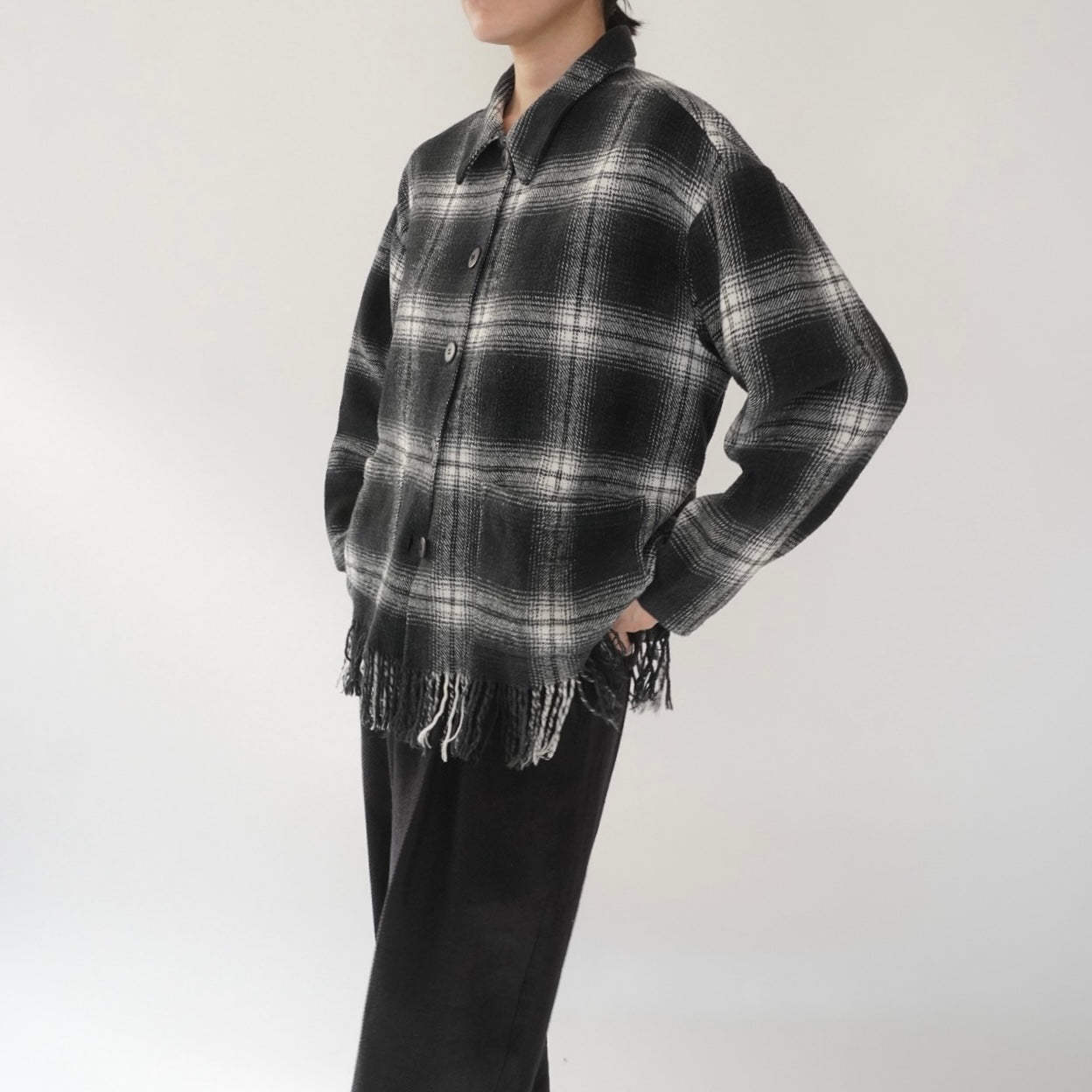 90s Shadow Plaid Fringe Shirt,Jacket Made in USA