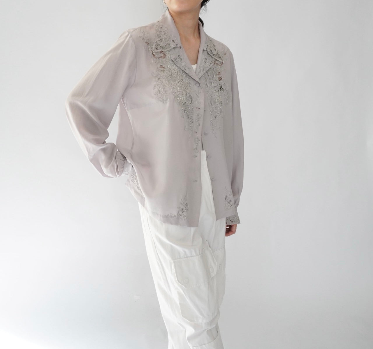 70s Hand Embroidery Silk Shirt Dead Stock