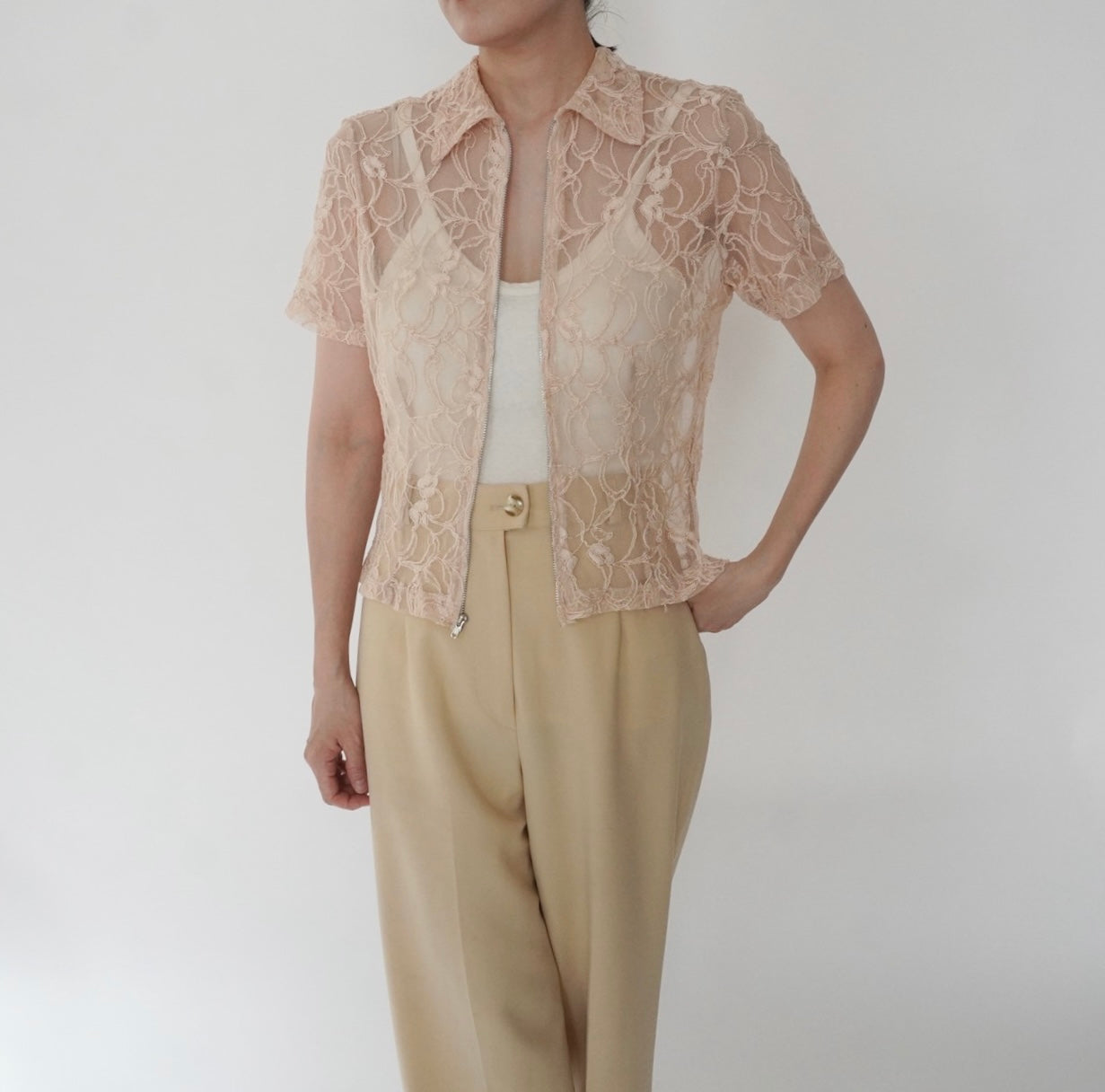 90s Lace Design Zipped Shirt Made in USA