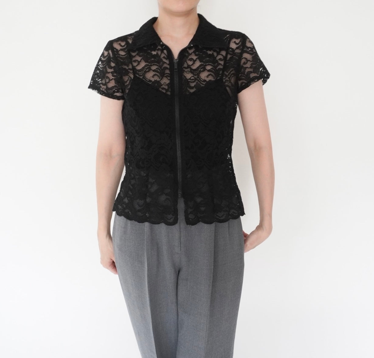 90s Lace Design Zipped Shirt Made in USA