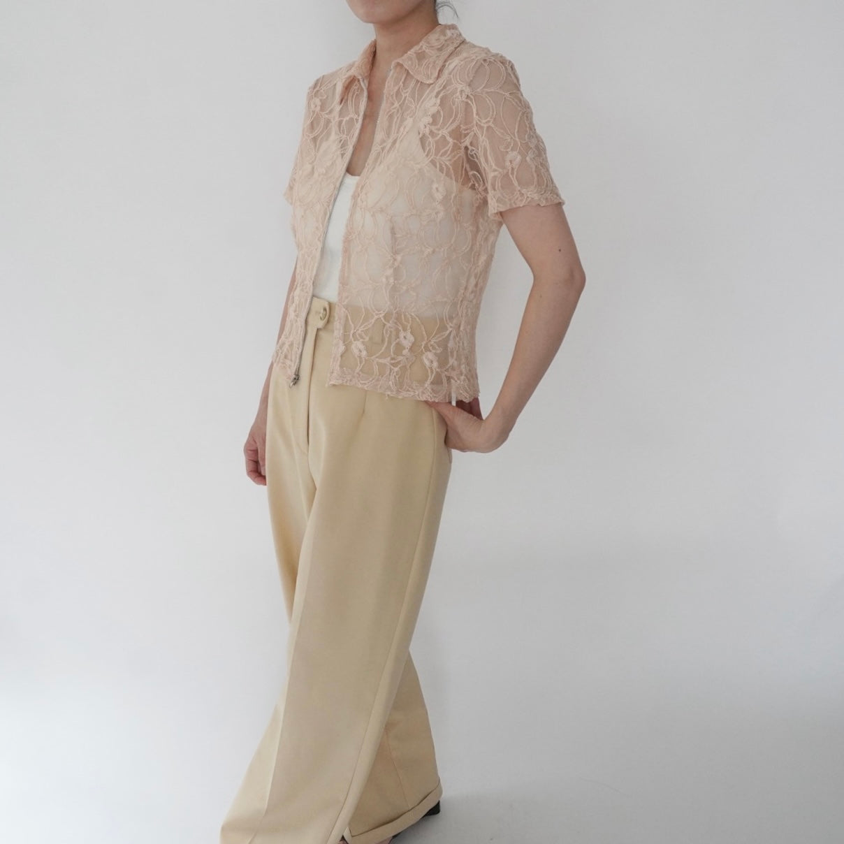 90s Lace Design Zipped Shirt Made in USA