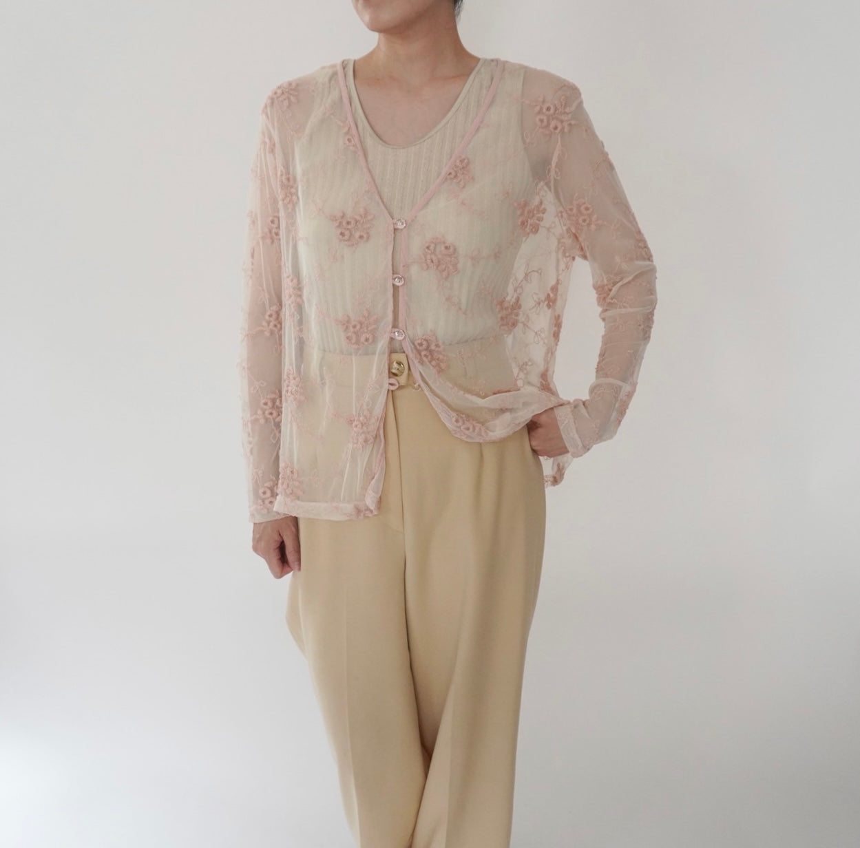 80s Embroidery Sheer Blouse Made in USA