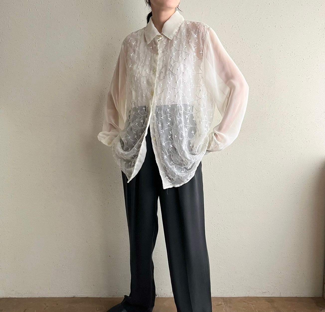 90s Sheer Embroidery Shirt  Made in USA
