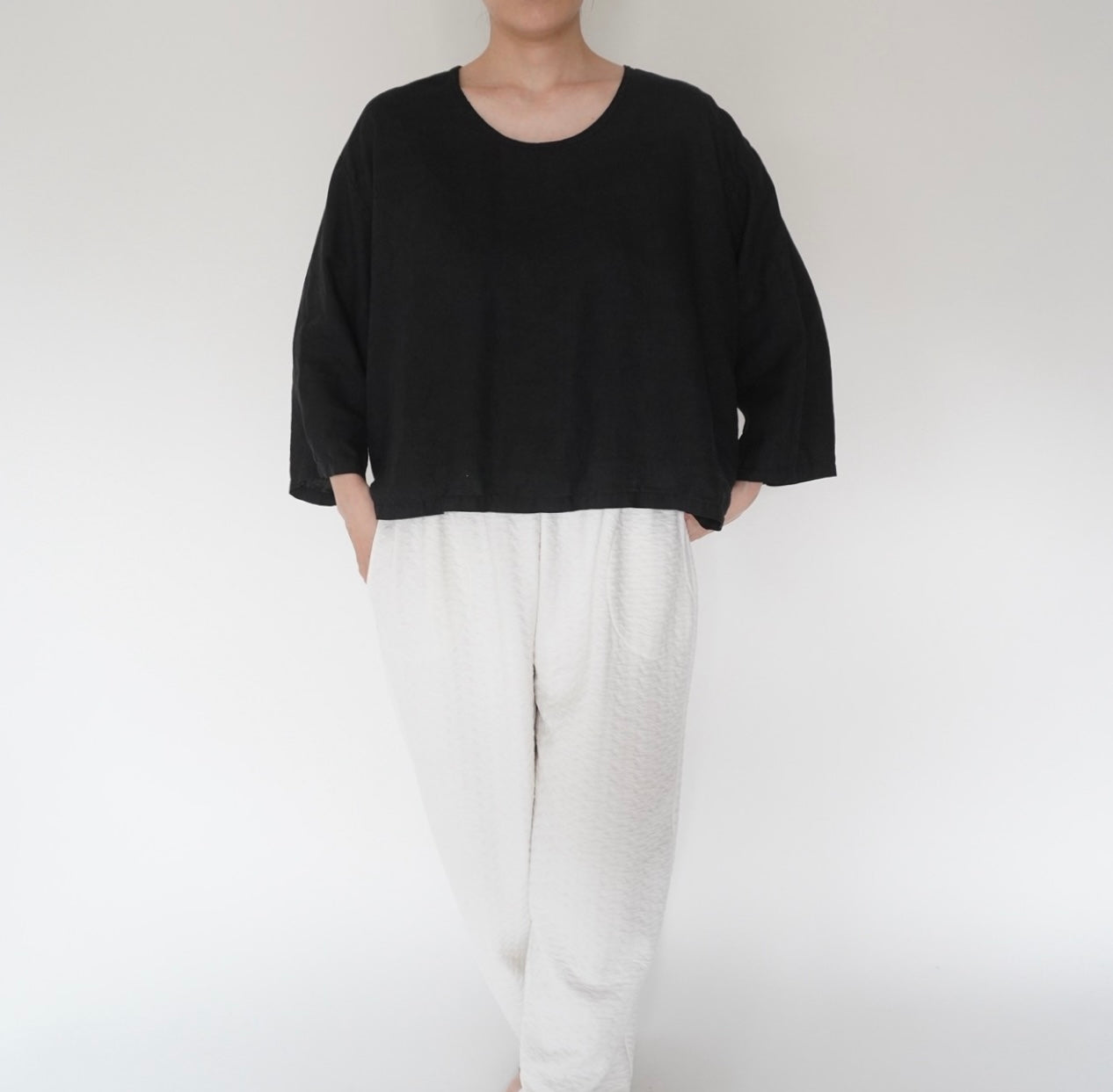 90s Black Linen Boxy Blouse