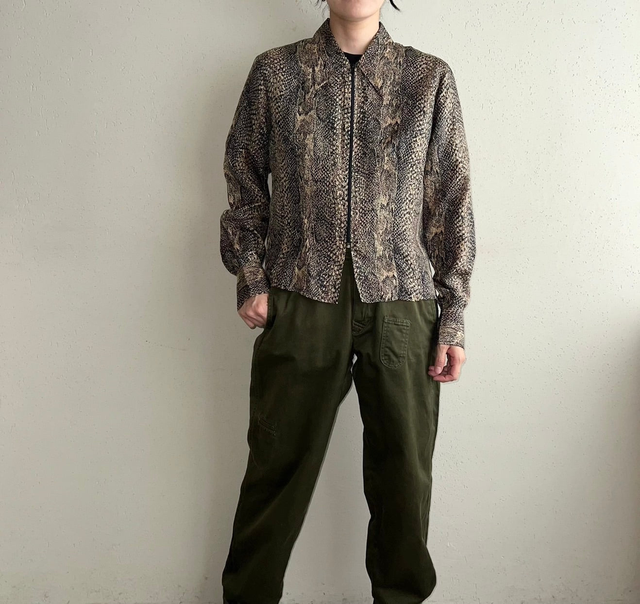 90s  Python Pattern Zipped Silk Shirt