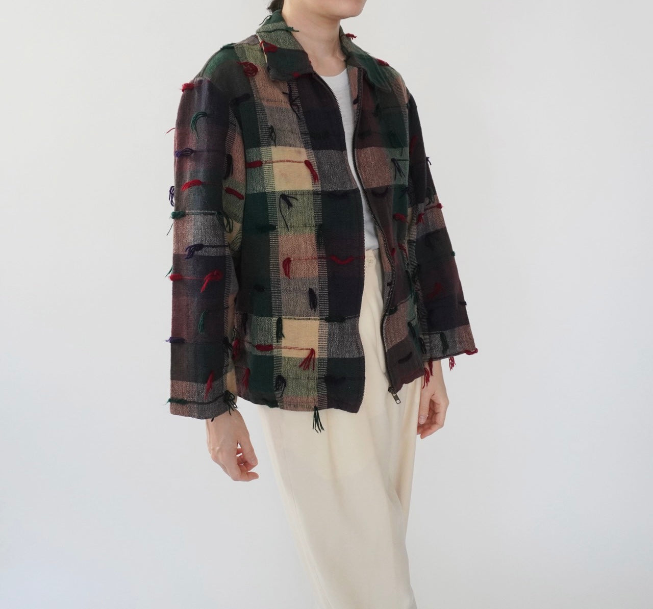 90s Plaid Fringe Light Jacket