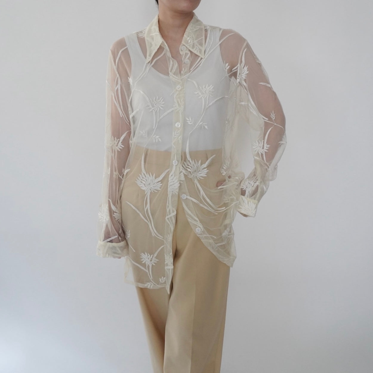 90s Embroidery Sheer Shirt