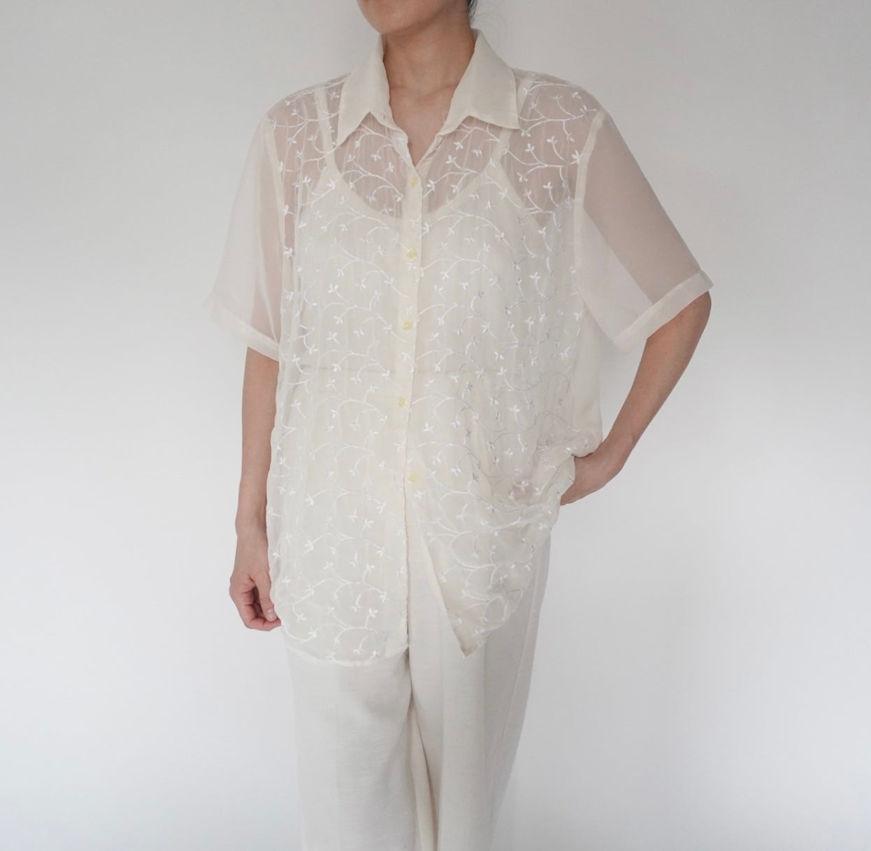 90s Embroidery Sheer Shirt Made in USA