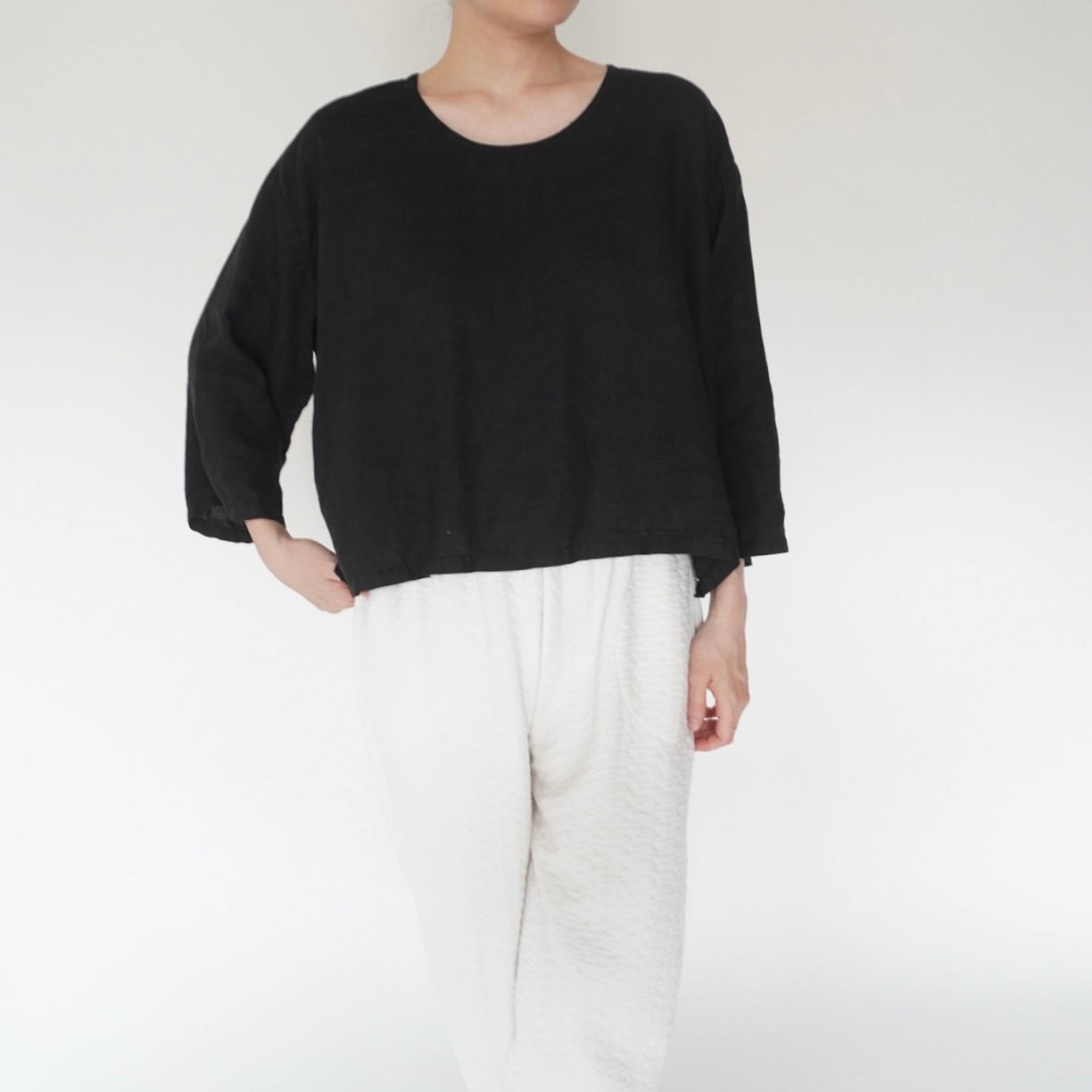 90s Black Linen Boxy Blouse