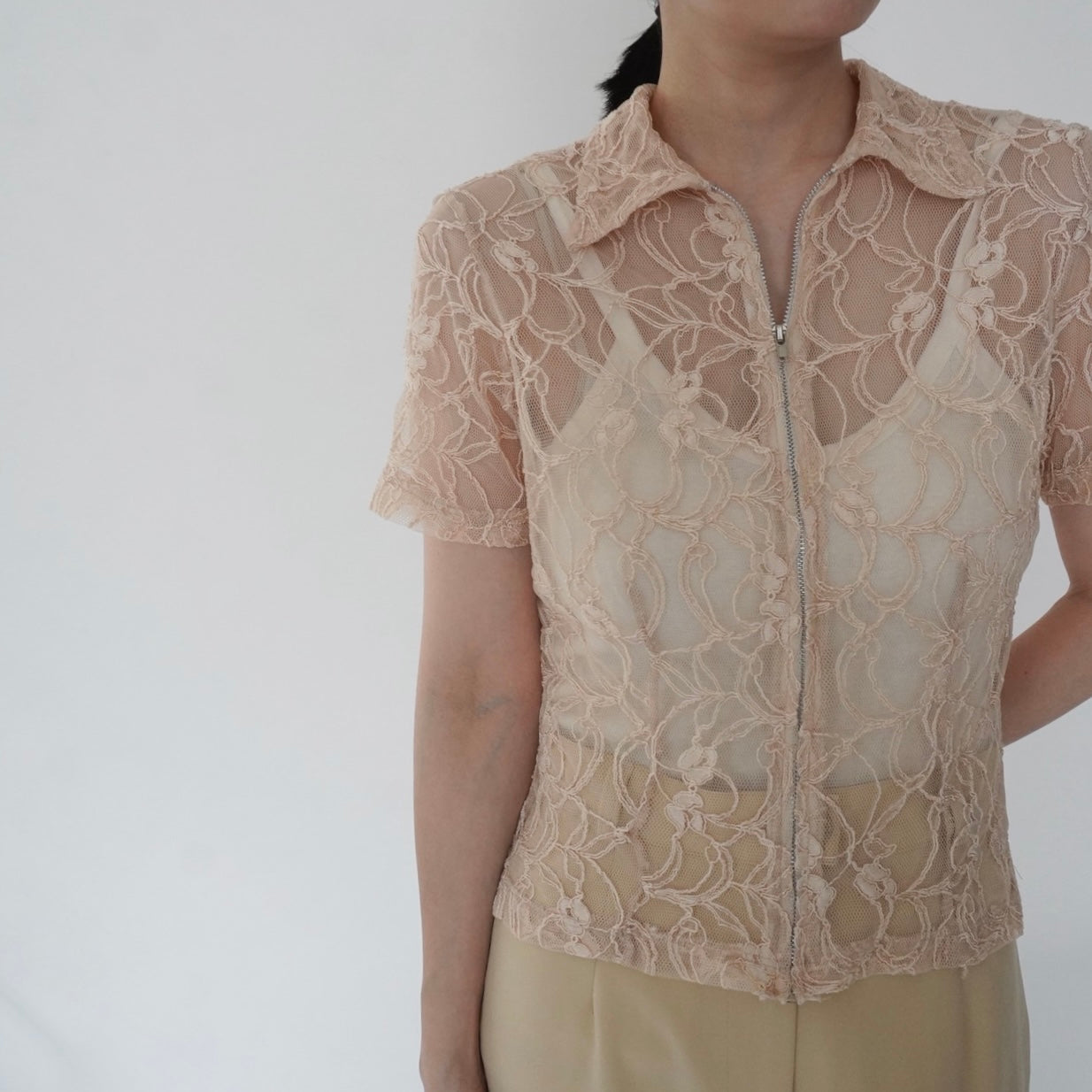 90s Lace Design Zipped Shirt Made in USA