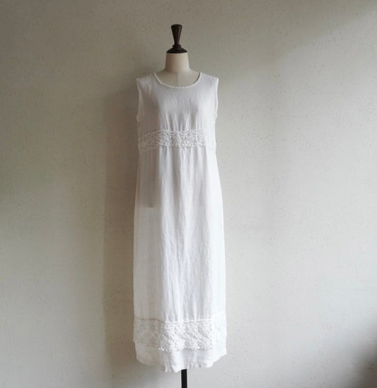 90s Linen×Crochet Maxi Dress Made in USA