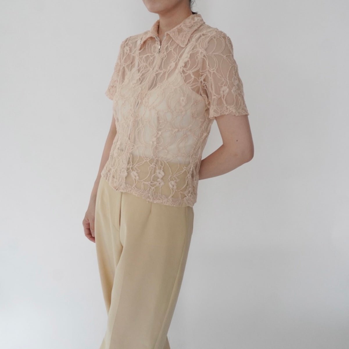 90s Lace Design Zipped Shirt Made in USA