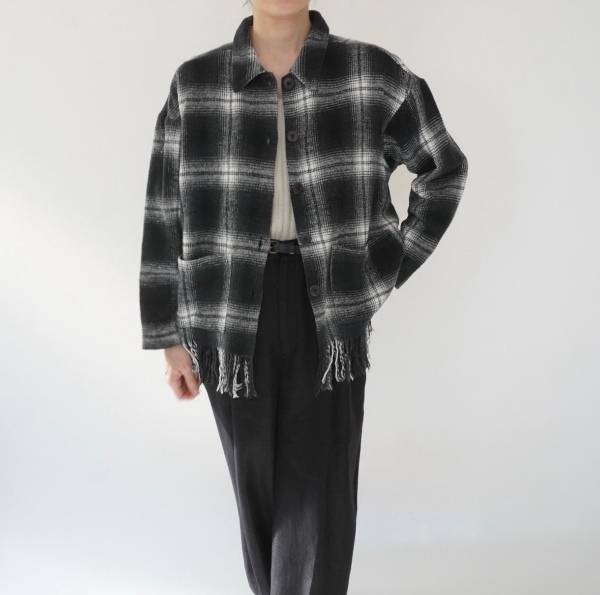 90s Shadow Plaid Fringe Shirt,Jacket Made in USA