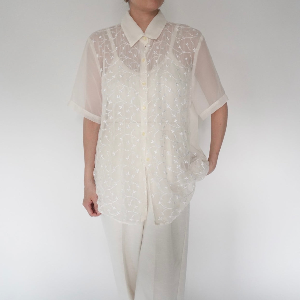 90s Embroidery Sheer Shirt Made in USA