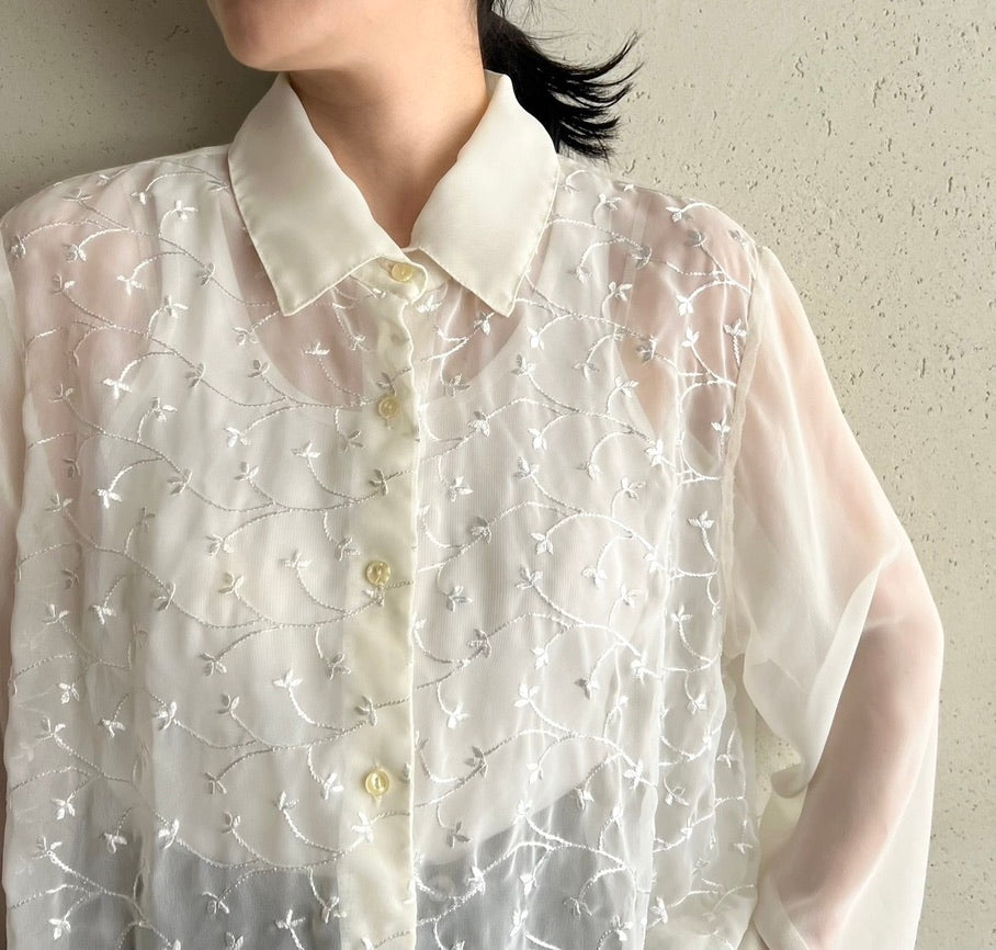 90s Sheer Embroidery Shirt  Made in USA