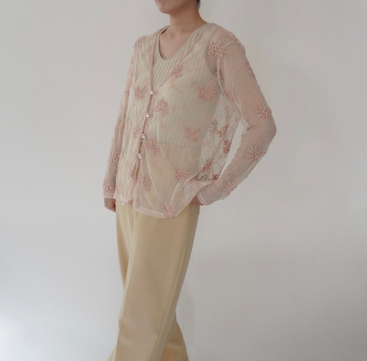 80s Embroidery Sheer Blouse Made in USA