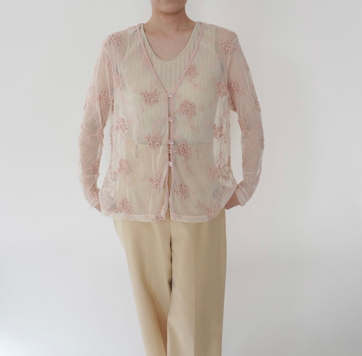 80s Embroidery Sheer Blouse Made in USA