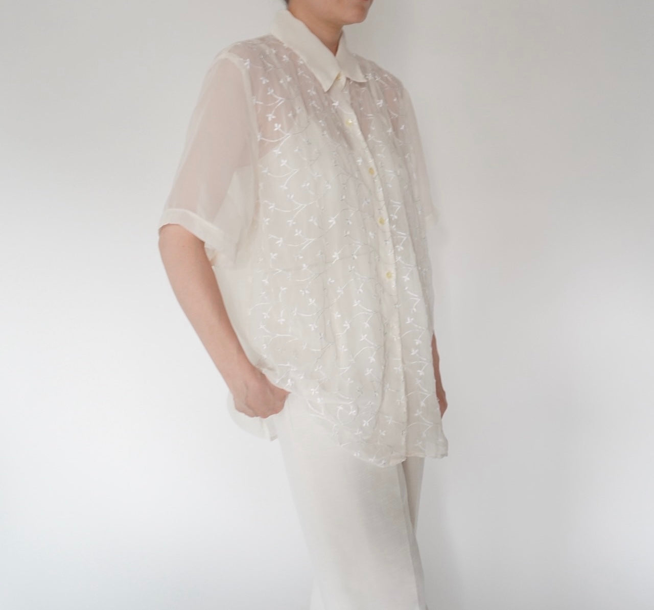 90s Embroidery Sheer Shirt Made in USA