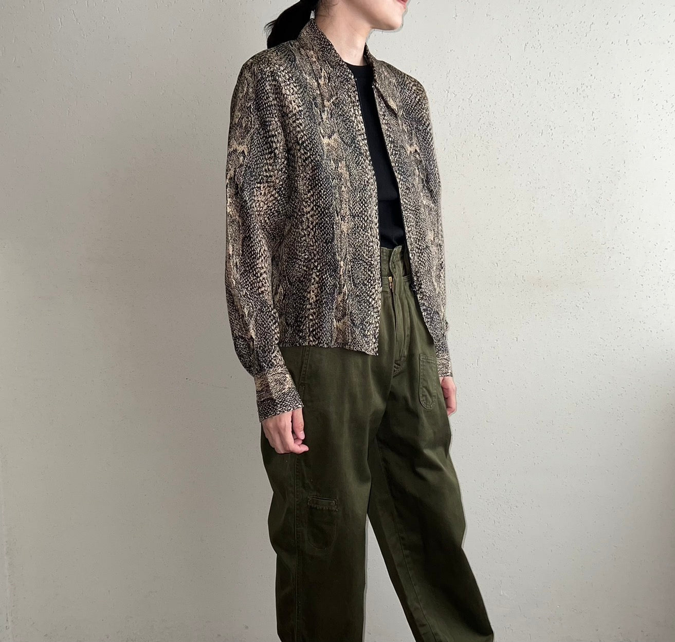 90s  Python Pattern Zipped Silk Shirt