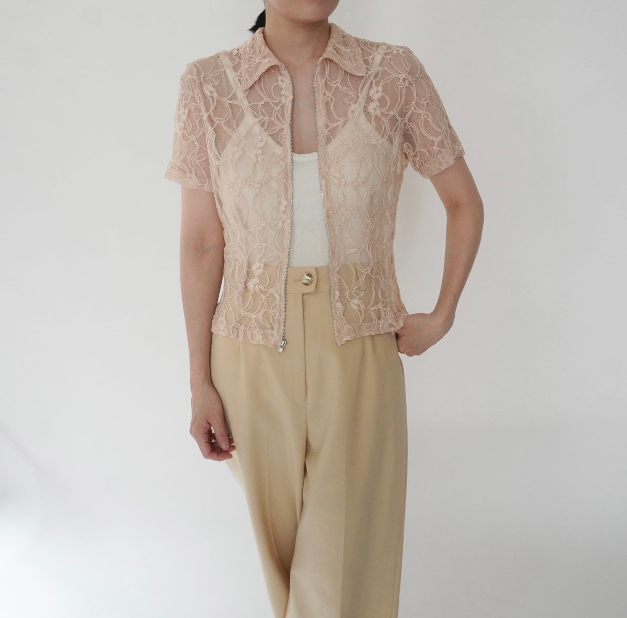 90s Lace Design Zipped Shirt Made in USA