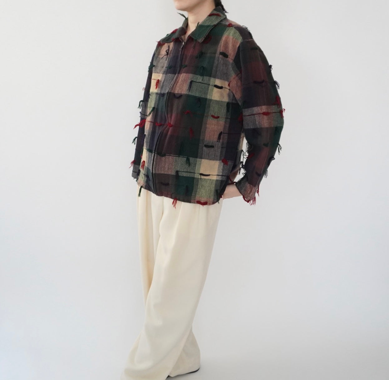 90s Plaid Fringe Light Jacket